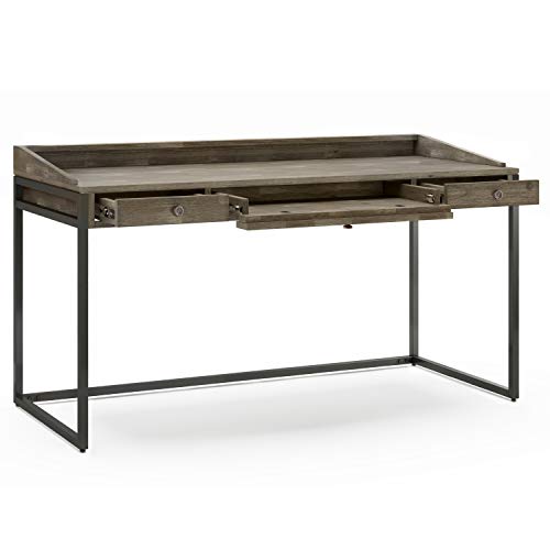 SIMPLIHOME Ralston SOLID WOOD and Metal Modern Industrial 60 inch Wide Home Office Desk, Writing Table, Workstation, Study Table Furniture in Distressed Grey with 2 Drawerss