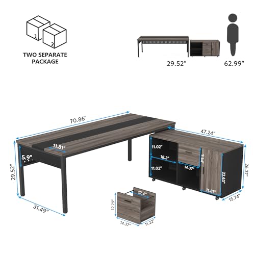 Tribesigns Executive Office Desk and Lateral File Cabinet Combo, L-Shaped Business Furniture, Grey & Black