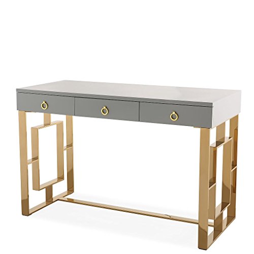 TOV Furniture The Audrey Collection Modern Computer Office Writing Desk with Lacquered Wooden Top, Gold Base & 3 Storage Drawers, Gray
