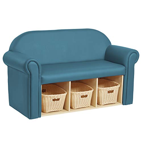 FDP Little Lux Upholstered Kids Sofa with Storage Compartments and Woven Baskets, Plush Furniture for Children Rooms - Teal