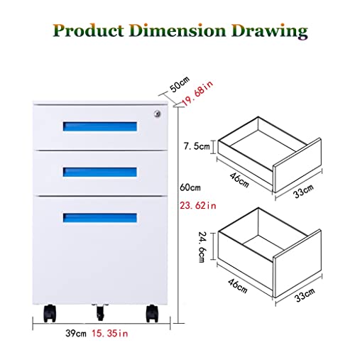 Steel File Cabinet with Roller and Lock, 3-Drawer Mobile Storage Cabinet for Home Office (Black, 60x39x50cm)