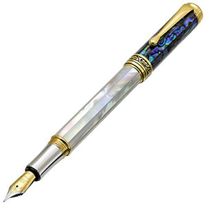 Xezo Maestro Handcrafted Oceanic Origin White Mother of Pearl and Paua Sea Shell Serialized Fine Fountain Pen. 18K Gold, Platinum Plated. No Two Alike