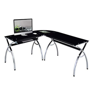 Techni Mobili L-Shaped Colored Tempered Glass Top Corner Desk With Pull Out Keyboard Tray, 61.25" W X 55" D X 30" H, Black