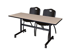 Kobe 60" Flip Top Mobile Training Table- Beige & 2 'M' Stack Chairs- Black