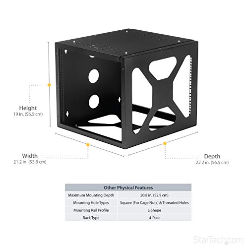 StarTech.com 8U Open Frame Wall Mount Rack - Sideways Wall Mount IT Equipment Rack Cabinet - 20.8 in Depth Server Room Rack (RK819SIDEM)