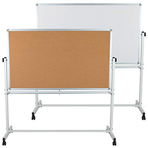 EMMA + OLIVER 62.5"W x 62.25"H Reversible Mobile Cork Bulletin Board and White Board with Pen Tray