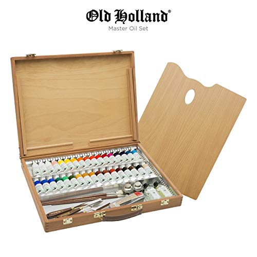 Old Holland Master's Oil Paint Set with Wood Storage Box & Palette, Cups, Knives, Paint Brushes, Mediums- 34 x 40ml Tubes of Classic Oil Colour Paint