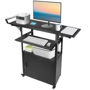 TooCust Large Steel AV Cart with Drop Leaves, Locking Cabinet, Height Adjustable, Pullout Keyboard Tray, Power Strip - Mobile Workstation for Office, Classroom & Warehouse