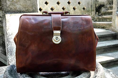 Leather Doctor Bag Purse Medical Handbag Vintage Brown Key Lock Briefcase - Time Resistance