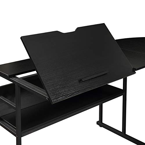 Merax L-Shaped Bottom Bookshelves, Multi-Function Drafting Drawing Table with Tiltable Desktop Desk, 59" L x 67" W x 29.5" H, Black