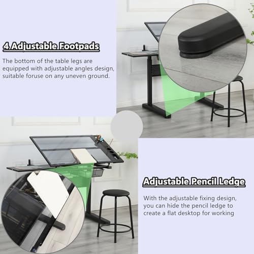 Gynsseh Height Adjustable Glass Drafting Table with Stool, 75° Tilting Tabletop - S3-Black