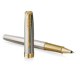 PARKER Sonnet Rollerball Pen | Premium Silver Mistral Finish with Gold Trim | Fine Point with Black Ink Refill | Gift Box