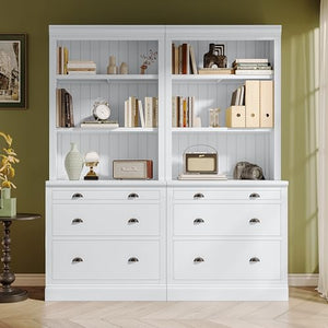 Linique Modern Tall Bookcase with LED Lights, 6 Drawers & Open Shelves, White