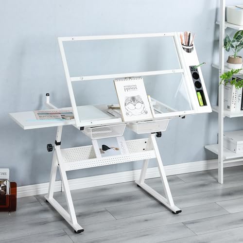 LiviNest Height Adjustable Drafting Table - Modern Glass Artist Drawing Desk with Chair