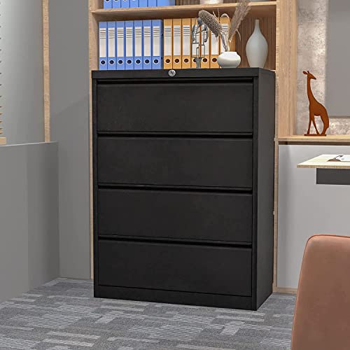 GangMei Metal 4 Drawer Lateral File Cabinet with Lock, Legal Size Steel Filing Cabinet (Black)