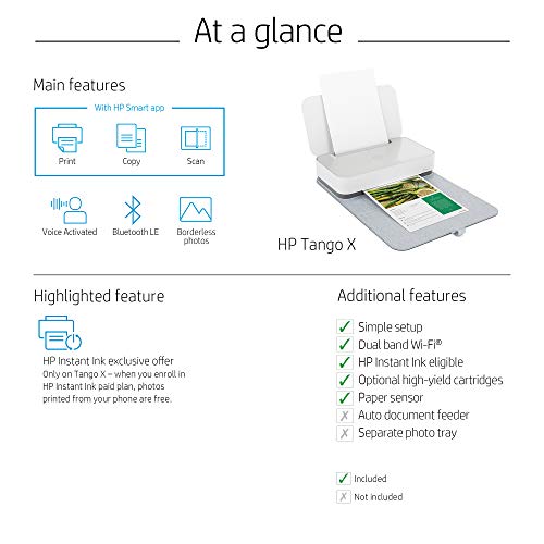 HP Tango X Smart All-in-One Printer, Bundled with 75 Sheets of Photo Paper – Designed for your Smartphone with Remote Wireless Printing, HP Instant Ink & Amazon Dash Replenishment ready