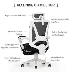 Hbada Reclining Office Desk Chair | Adjustable High-Back Ergonomic Computer Mesh Recliner | Home Office Chairs with Footrest and Lumbar Support, White