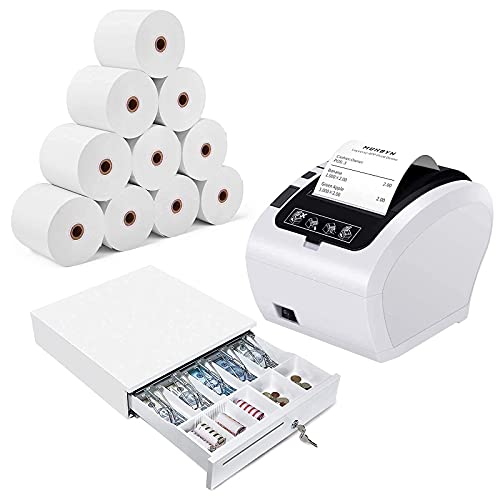 MUNBYN POS Printer, Receipt Printer 80MM USB Network Thermal Receipt Printer P047, 16" Wide Cash Drawer Register with Removable Coin Tray, 3 1/8 x 203ft Thermal Paper - 10 Rolls, BPA Free Receipt Pape