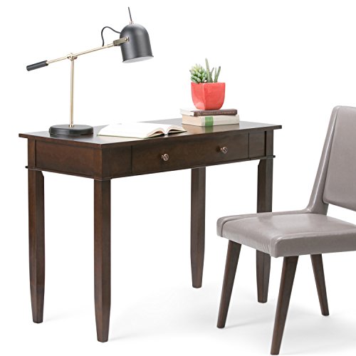 SIMPLIHOME Carlton SOLID WOOD Contemporary Modern 42 inch Wide Home Office Desk, Writing Table, Workstation, Study Table Furniture in Dark Tobacco Brown with 1 Drawer
