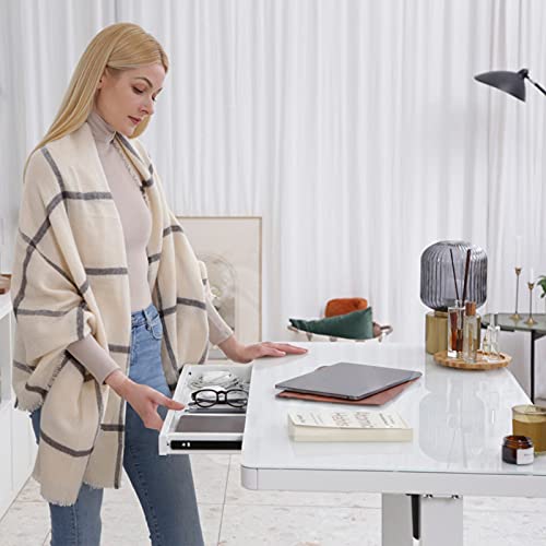 Flexispot Electric Height Adjustable Standing Desk with Drawer 48 x 24 Inch Tempered Glass White Desktop & Frame Home Office Computer Workstation (2.4A USB Charge Ports, Memory Controller, Child Lock)