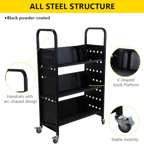 MERXENG V-Shaped Rolling Book Cart, 200LBS Capacity, 30x14x49, Lockable Wheels, Black