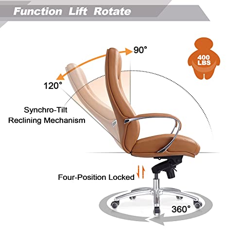 FURIJING Genuine Leather High Back Office Chair with Aluminum Swivel Base - Brown