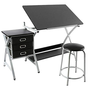 Selva Drafting Drawing Table Station Desk Board Storage Drawers Art Design Architect with Stool | Durable Sturdy Heavy Duty Ergonomic Height Adjustable | For Home Office Artist School University Paint