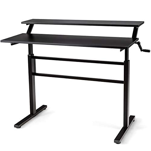 Tangkula Standing Desk, 2-Tier Height Adjustable Sit to Standing Desk, Computer Desk Workstation with Monitor Stand & Foldable Crank Handle, Ergonomic Home Office Desk (Black)