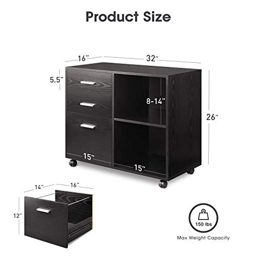DEVAISE 3-Drawer Wood File Cabinet, Mobile Lateral Filing Cabinet, Printer Stand with Open Storage Shelves for Home Office, Black