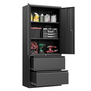 Fesbos 71" Metal Storage Cabinet with Lock - Black Heavy-Duty Garage Tool Cabinet