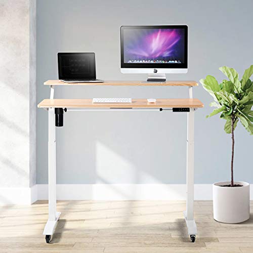 UNICOO - 2 Tier Electric Height Adjustable Standing Desk, Electric Standing Workstation Home Office Sit Stand Up Desk (Light Oak Top/White Legs - Electric- 2 Tier)