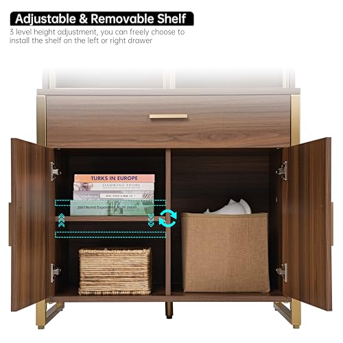 EUREKA ERGONOMIC Industrial Lighted Bookcase with Glass Doors, 77" Tall, Walnut