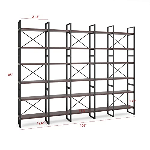 Generic 6-Tiers Dark Walnut Room Divider Bookcase 85" H X 12.6" W Black Brown Industrial Contemporary Metal Finish