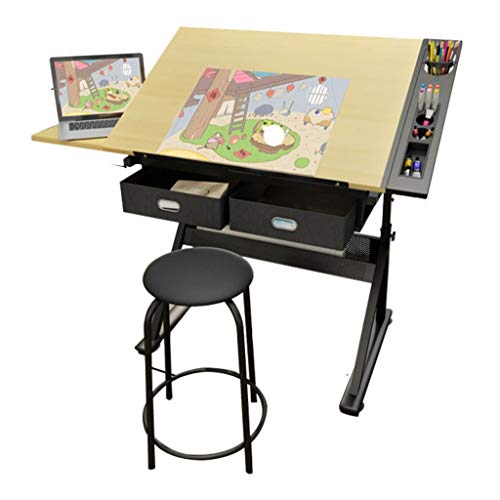 Lgan Height Adjustable Drawing Desk, Tiltable Craft Table with Storage, Maple Panel Art Desk, for Home Office Drafting Table