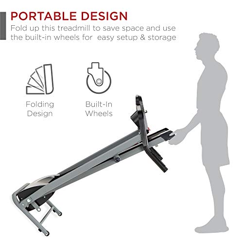 Best Choice Products 800W Folding Electric Treadmill, Motorized Fitness Exercise Machine for Home Gym, Cardio Training w/Wheels, Safety Key, Heart Sensor - Black