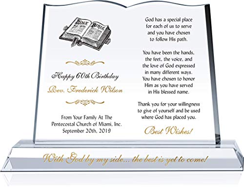 Personalized Crystal Bible Pastor 60th Birthday Gift Plaque, Customized with Pastor and Church Name, Unique Gift to Pastor or Pastor's Wife on Their 40th, 50th, 60th, 70th Birthday (M - 10")