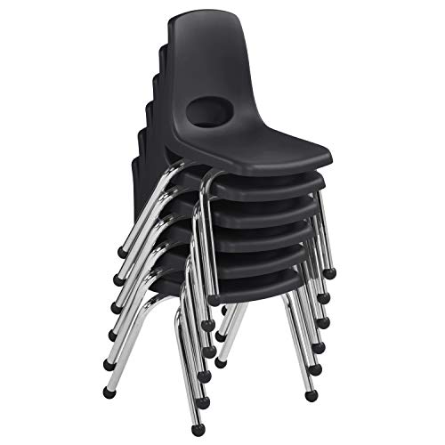 FDP 14" School Stack Chair, Stacking Student Seat with Chromed Steel Legs and Ball Glides; for in-Home Learning or Classroom - Black (6-Pack), 10363-BK