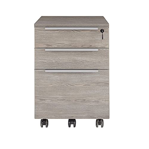 Unique Furniture Mid-Century Modern 3-Drawer Vertical File Cabinet with Castors, Central-Locking System, Freestanding Storage - Grey