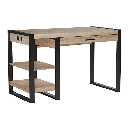 Walker Edison Modern Industrial Computer Gaming Desk Storage Shelves and Drawer with Electrical Outlet Home Office, 48 Inch, Driftwood