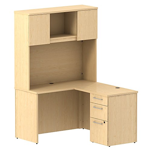 Bush Business Furniture 300 Series 48W x 22D Shell Desk in L-Configuration with 3 Drawer Pedestal and 48W Hutch Storage with Doors
