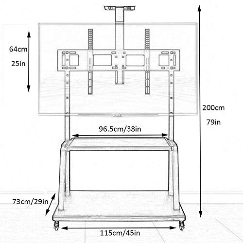 YokIma TV Floor Shelf for 65-98" TVs, Stainless Steel, Black, Wheels, Height Adjustable