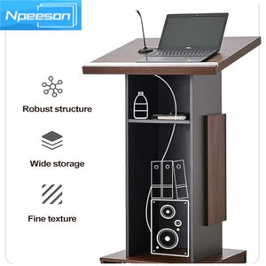 Npeeson Portable Wooden Podium Stand with Locking Wheels and Adjustable Microphone Stand