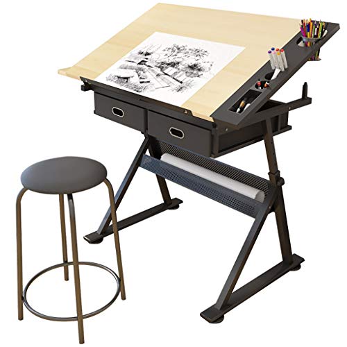 Lgan Drafting Table with Storage, Height Adjustable Tiltable Art Desk, Maple Panel Drawing Desk, for Work Study Painting Craft Table