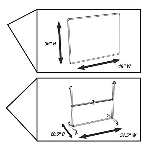 Luxor 48"W x 36"H Rolling Reversible Dry Erase Double-Sided Magnetic Whiteboard with Aluminum Frame and Marker Tray - Perfect for School, Classroom, Conference and Presentation