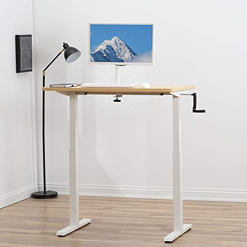 VIVO Manual Height Adjustable 43 x 24 inch Stand Up Desk, Light Wood Solid One-Piece Table Top, White Frame, Standing Workstation with Hand Crank, DESK-KIT-CW4C