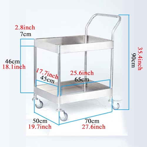 DHNDSDP Stainless Steel Rolling Utility Trolley 2 Tier Heavy Duty Storage Carts - Commercial Grade Metal with Wheels and Handle - Kitchen Trolley (70x50x9)