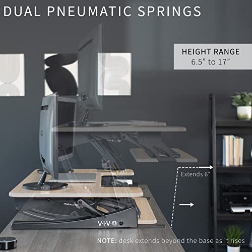 VIVO Height Adjustable Stand Up Desk Converter, V Series, Dual Monitor Riser Workstation, Light Wood Top - DESK-V000VO