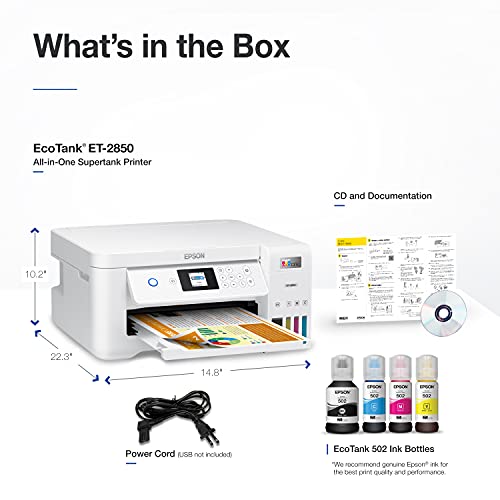Epson EcoTank ET-2850 Wireless Color All-in-One Cartridge-Free Supertank Printer with Scan, Copy and Auto 2-Sided Printing – The Perfect Family Printer - White