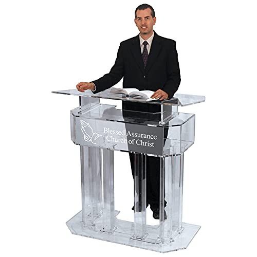 Kingdom Acrylic Lectern Podium with 6 Column Base and Wide Middle Shelf - Clear