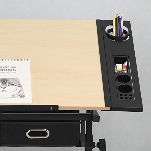 Adjustable Wood Drafting Desk with 2 Drawers, Angle Adjustable Top and Stool for Home Office and School(Wood)